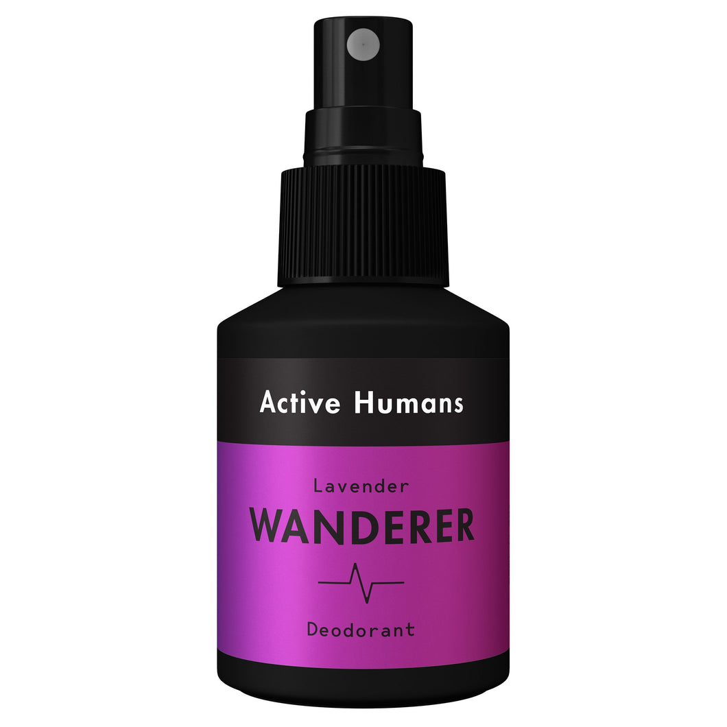 Bottle of Active Humans Deodorant Spray in Lavender scent. Vegan deodorant spray for gym, camping, or travel bag.