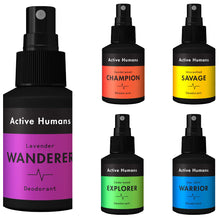 Load image into Gallery viewer, Five bottles of Active Humans Deodorant Spray - five different scents - Lavender, Sandalwood, Unscented, Cedarwood, and Sea Salt. Vegan deodorant spray for gym, camping, or travel bag.
