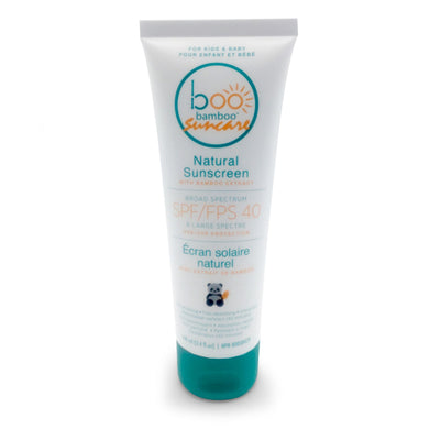 Baby Boo Bamboo brand SPF40 natural sunscreen in a squeeze bottke